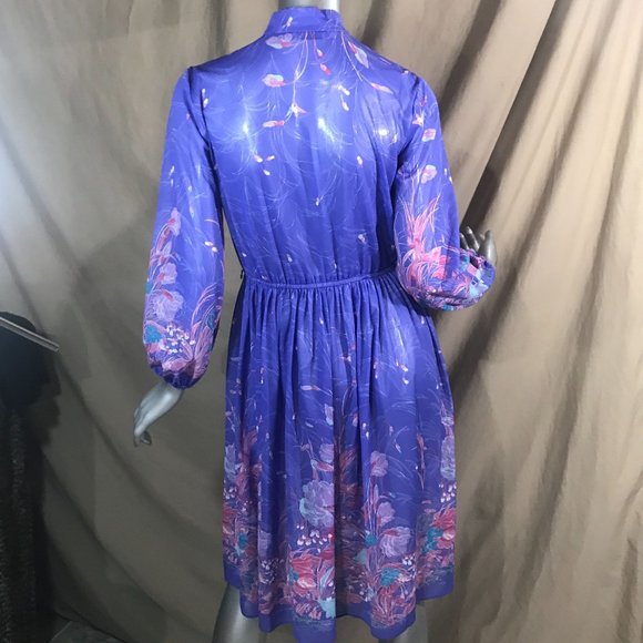 Vintage Mavinette Dress Women's Small/Medium Purple Pink Blue Floral Pattern 3/4 - Picture 7 of 16